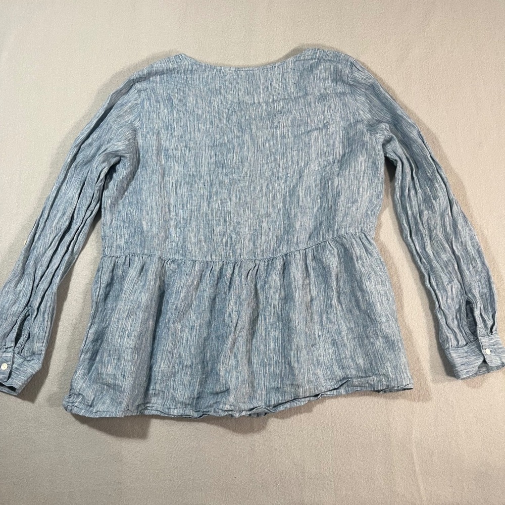 Sigrid Olsen Blue Striped 100% Linen Peplum Button Front Long Sleeve Top Women M - Picture 2 of 8